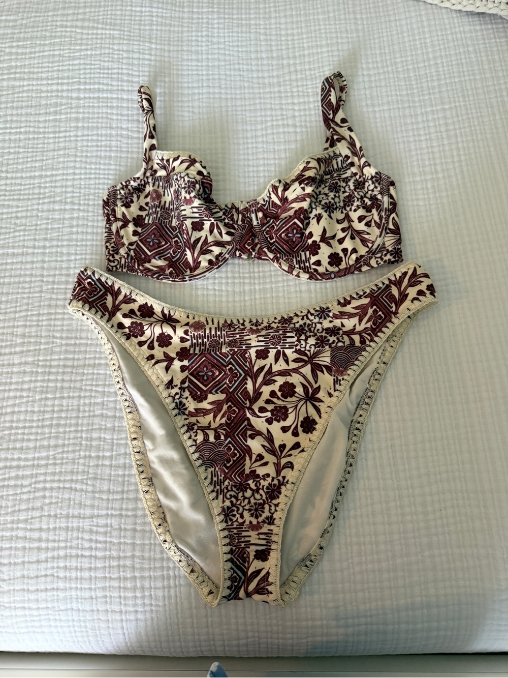 Abercrombie & Fitch Cream and Burgundy Printed Bikini Set